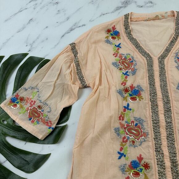 Soft Surroundings Embroidered Blouse Top Size M Orange Blue Beaded Boho Floral - Picture 4 of 13
